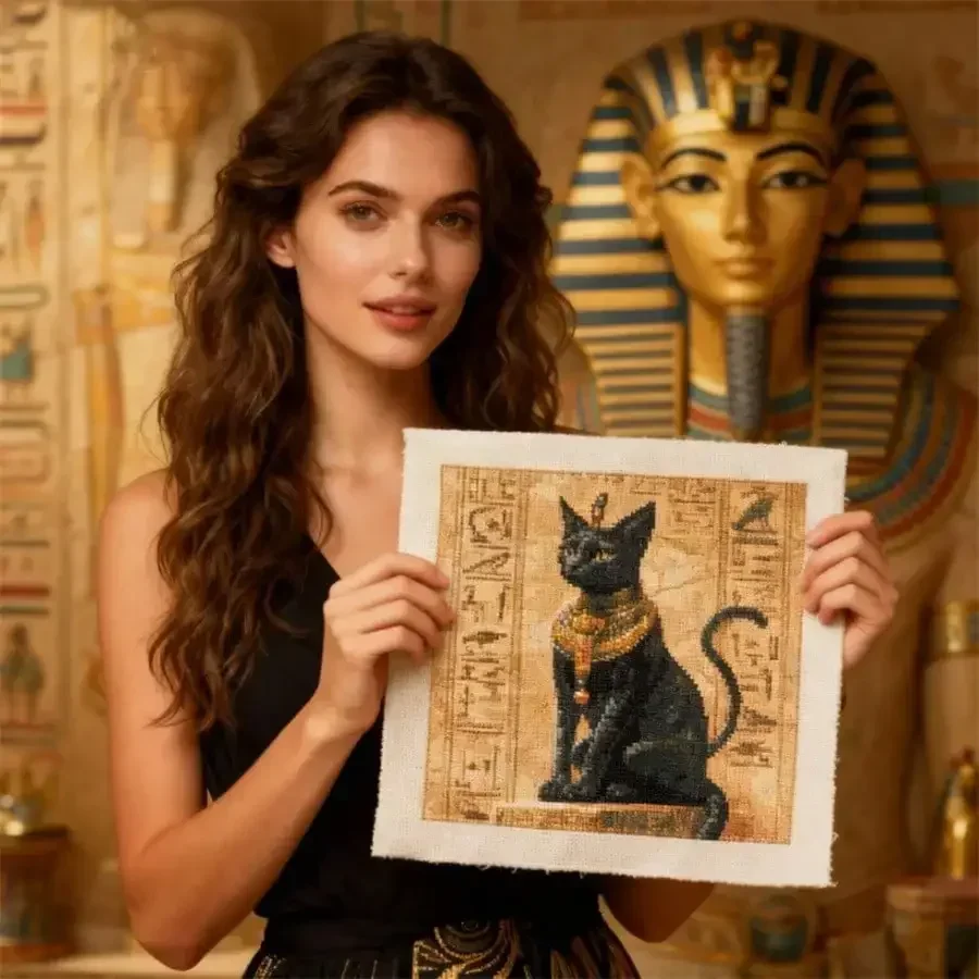 Embroidery In Egypt - ชุดงานฝีมือ DIY สไตล์ใหม่ ลายแมวอียิปต์โบราณ สำหรับผู้ใหญ่ ชุดปักครอสติช