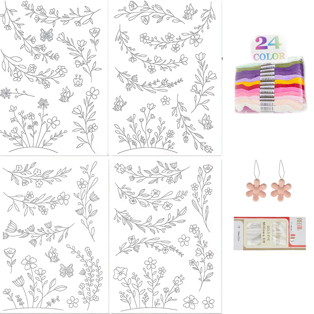 Embroidery Flower Pattern - กระดาษรองปักลายละลายน้ำได้ แผ่นรองปักลายแบบล้างออกได้ ลายดอกไม้และตัวอักษร อุปกรณ์เย็บมือสำหรับผู้เริ่มต้น