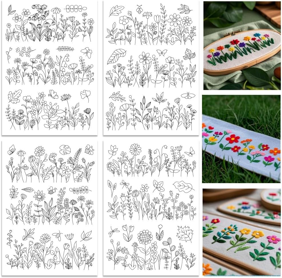 Embroidery Flower Pattern - แผ่นกันซึมสำหรับงานปักลายดอกไม้และพุ่มไม้พิมพ์ลายสำเร็จรูป สำหรับงาน DIY และงานเย็บปักถักร้อย